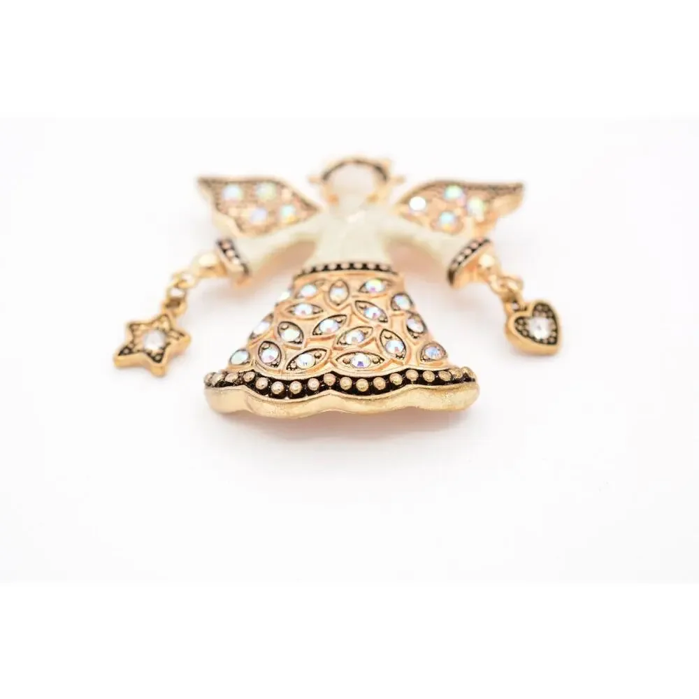 KC Vintage Christmas Angel Pin Brooch Star Heart AB Rhinestone Signed 90s Bin5A